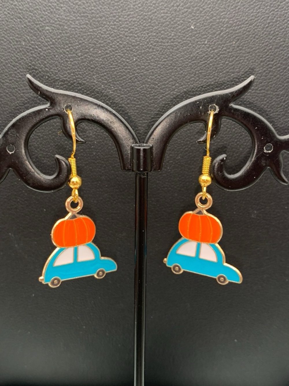 Fall harvest Pumpkin Car Drop Earrings - Blue and Orange